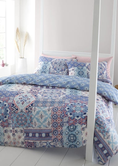 Catherine Lansfield Boho Patchwork Reversible Duvet Cover Set Blue
