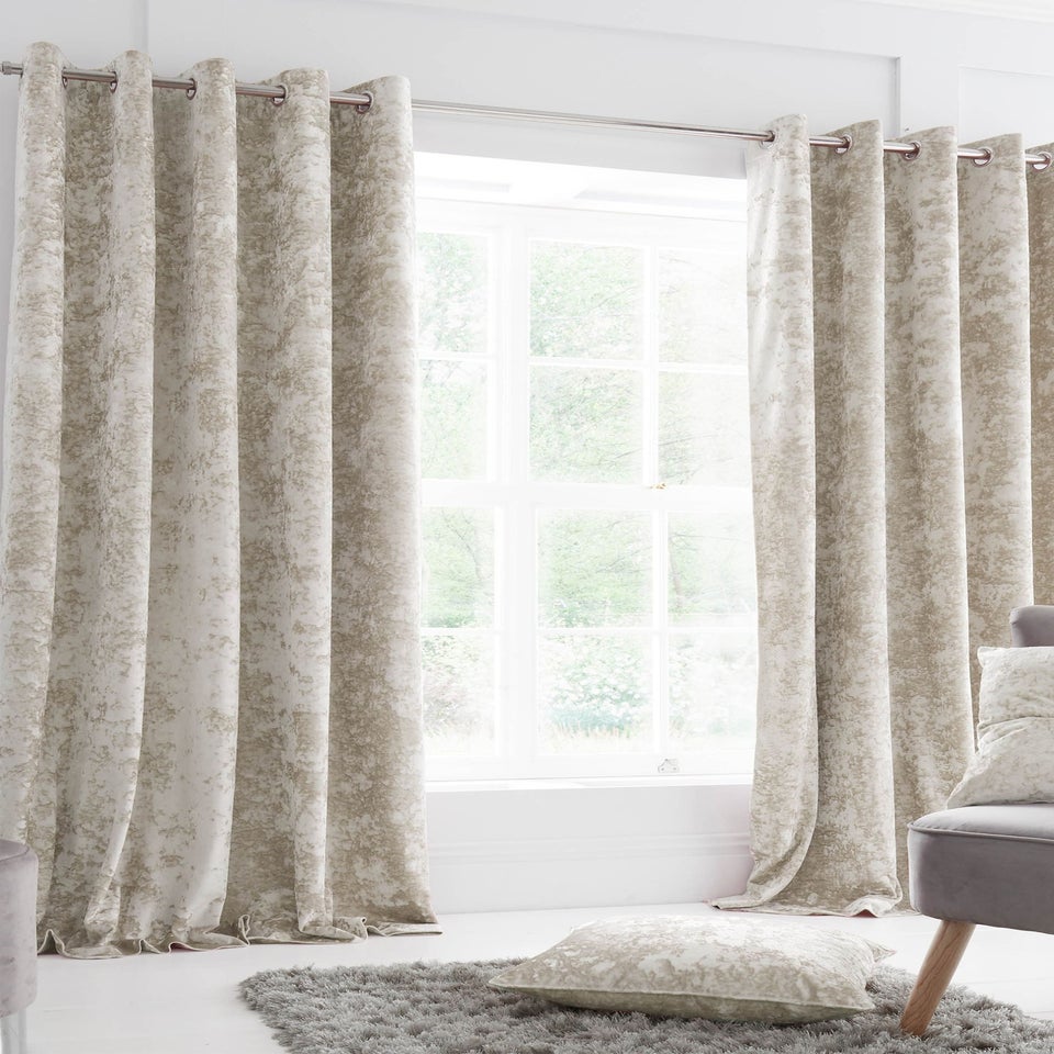 Catherine Lansfield Crushed Velvet Lined Eyelet Curtains Natural