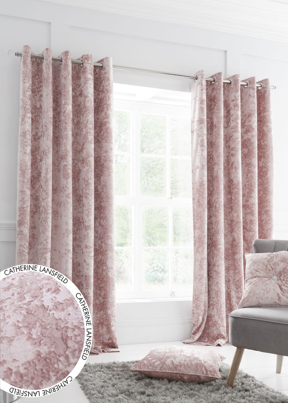 Catherine Lansfield Crushed Velvet Lined Eyelet Curtains Blush Pink