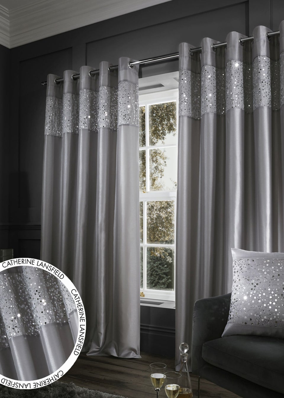 Catherine Lansfield Glitzy Sequin Lined Eyelet Curtains Grey