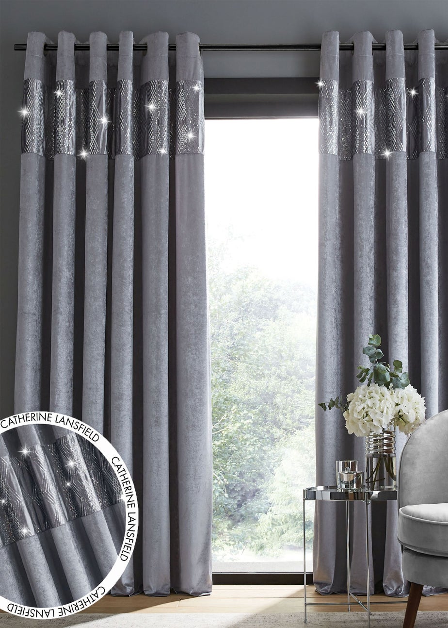 Catherine Lansfield Crushed Velvet Glamour Sequin Lined Eyelet Curtains Grey