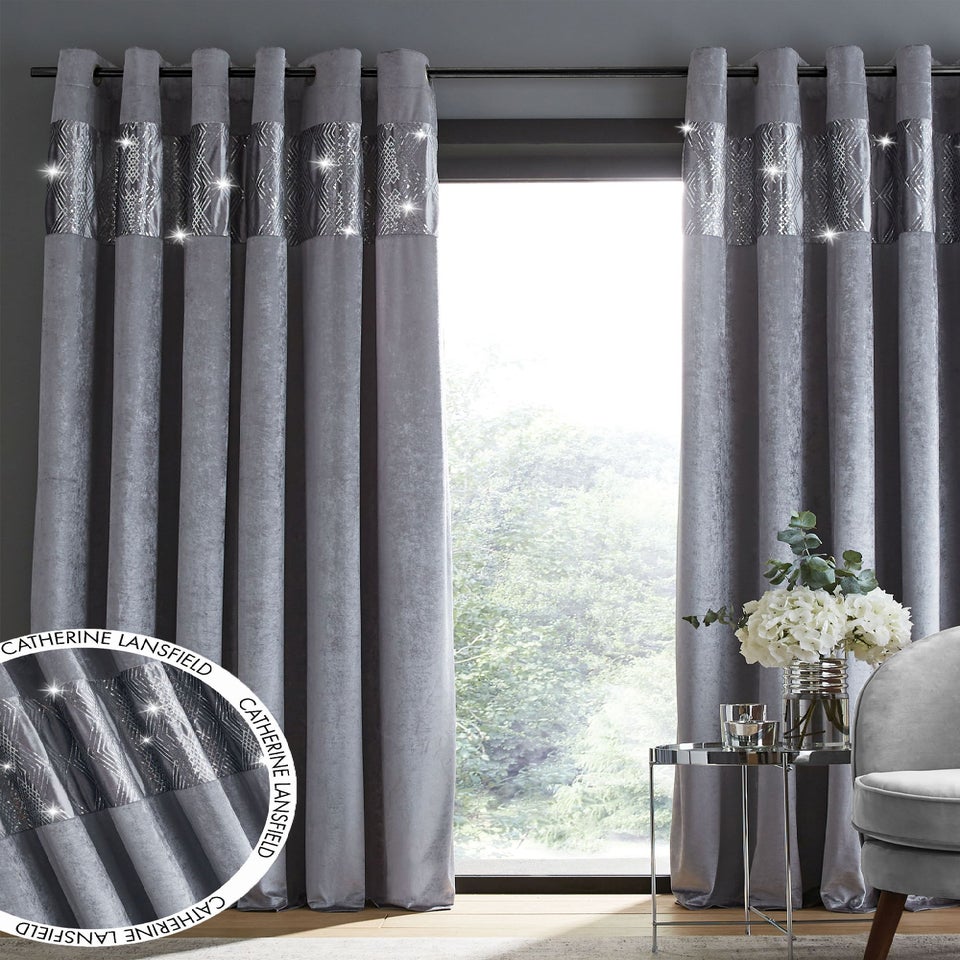 Catherine Lansfield Crushed Velvet Glamour Sequin Lined Eyelet Curtains Grey