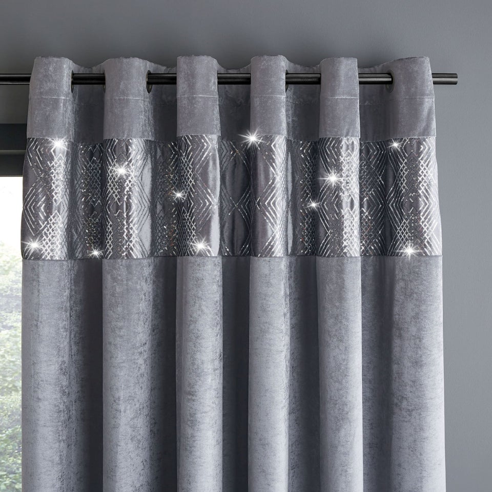 Catherine Lansfield Crushed Velvet Glamour Sequin Lined Eyelet Curtains Grey