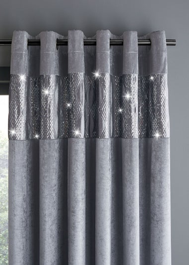 Catherine Lansfield Crushed Velvet Glamour Sequin Lined Eyelet Curtains Grey