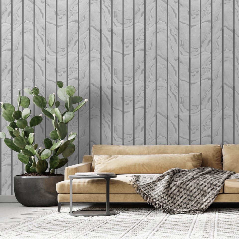 Muriva Woodgrain Panel Silver Wallpaper