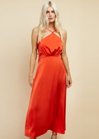 Little Mistress Orange Cross Over Satin Maxi Dress