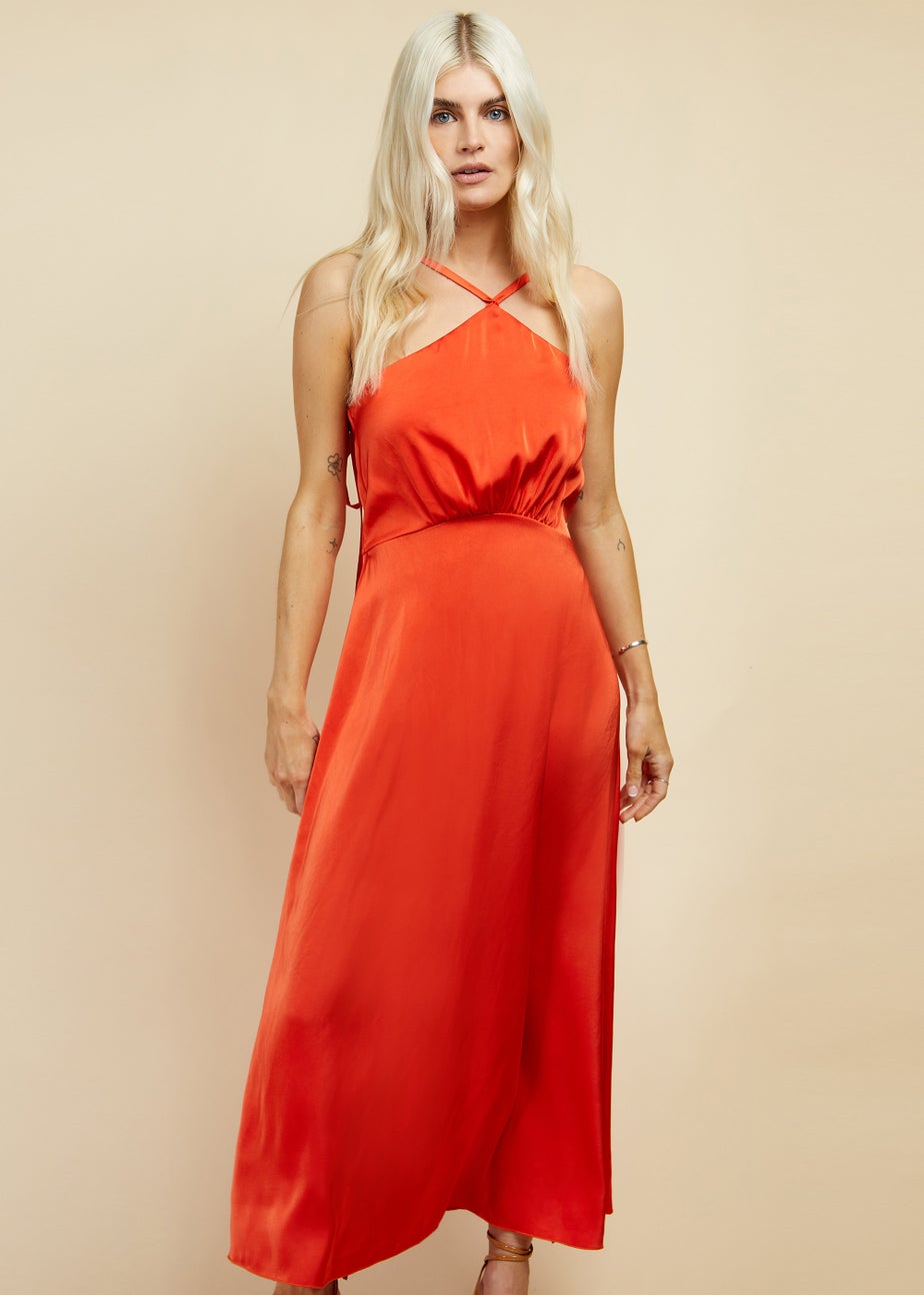 Little Mistress Orange Cross Over Satin Maxi Dress