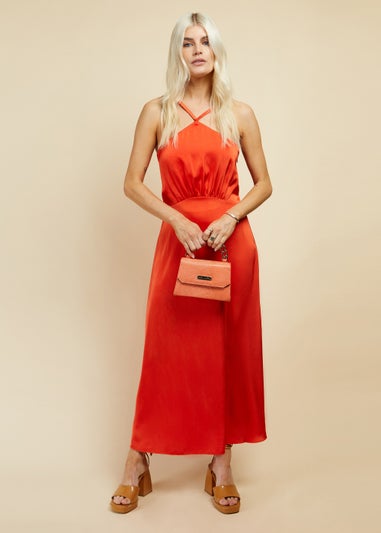 Little Mistress Orange Cross Over Satin Maxi Dress