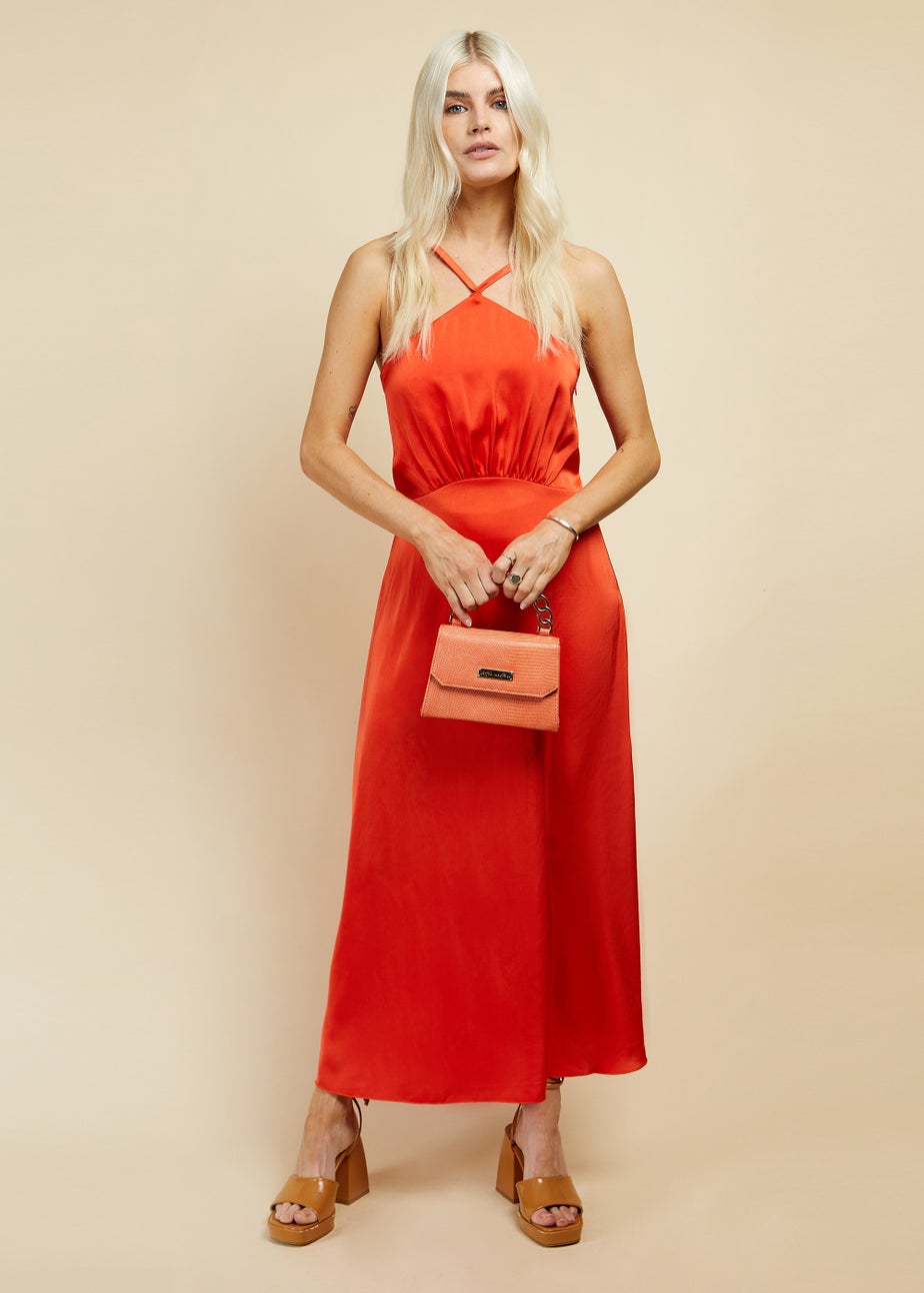 Little Mistress Orange Cross Over Satin Maxi Dress