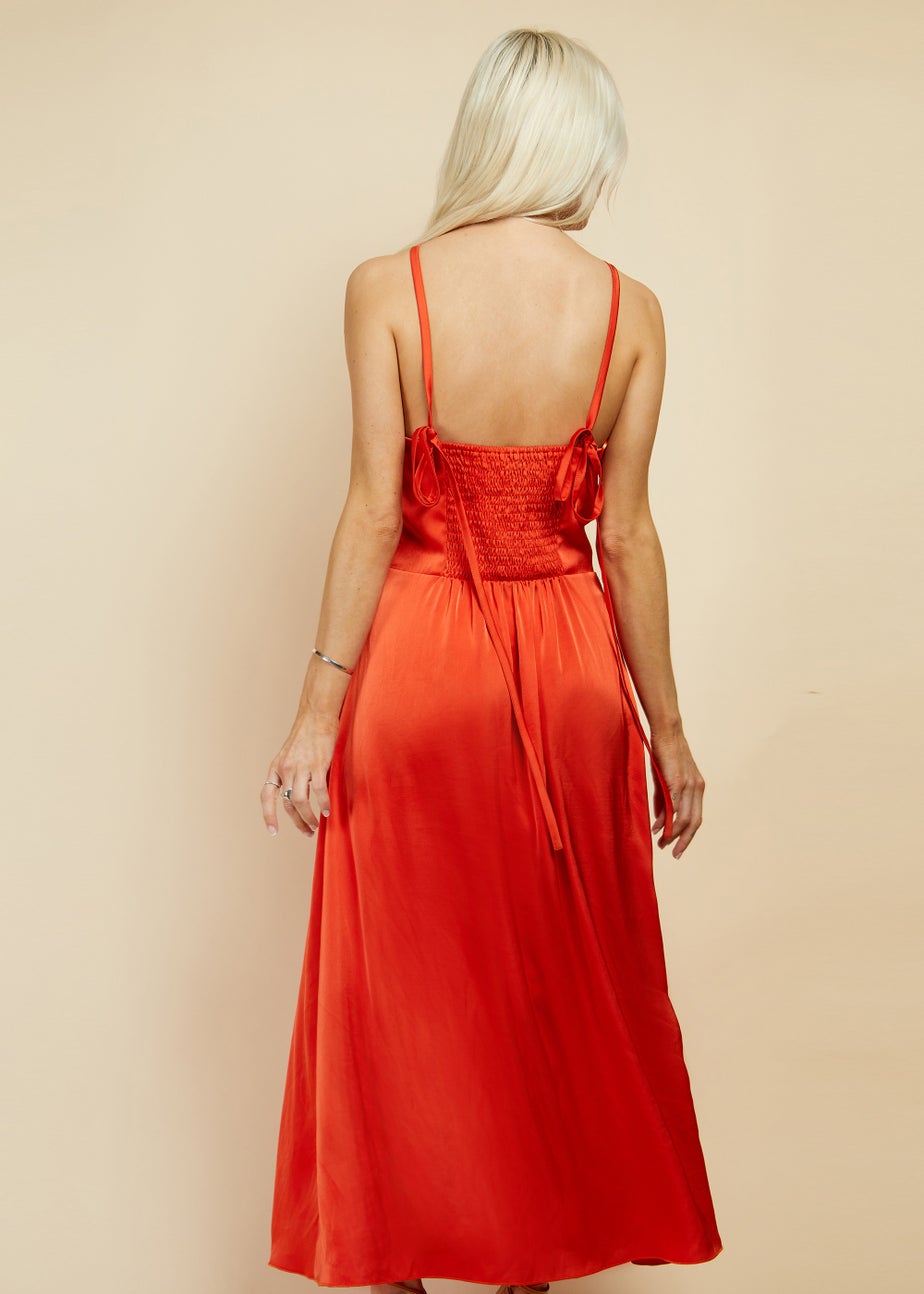 Little Mistress Orange Cross Over Satin Maxi Dress