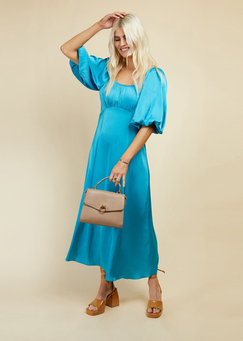 Little Mistress Blue Milkmaid Satin Maxi Dress Matalan - Main Image