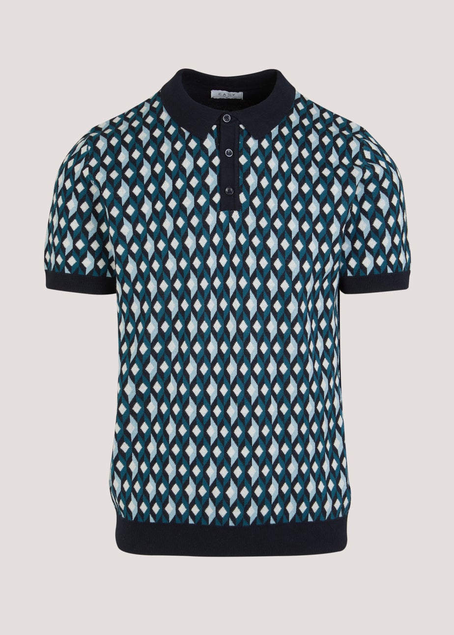 Navy Diamond Geo Knitted Polo Shirt