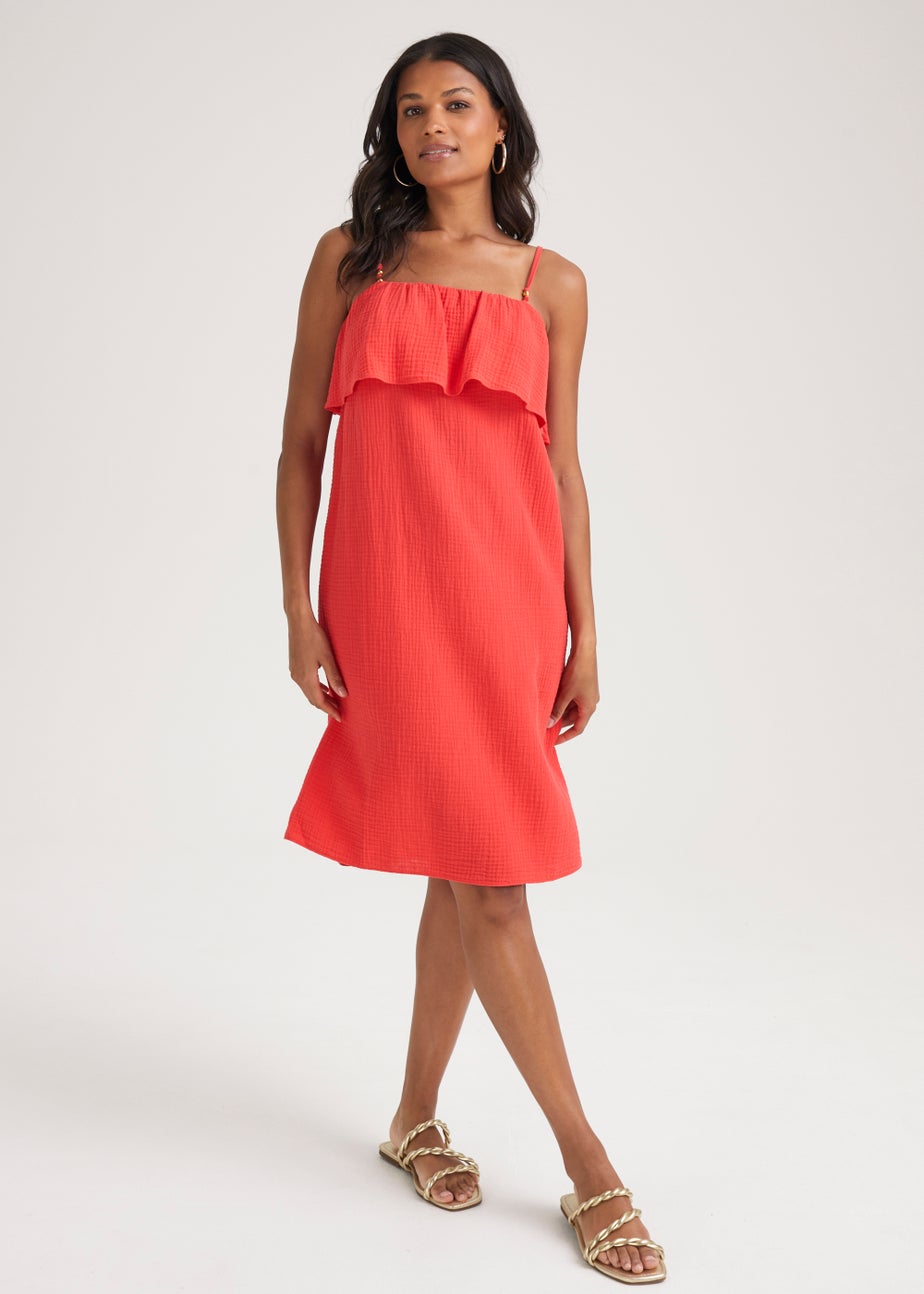 Coral Double Cloth Bead Knee Length Dress