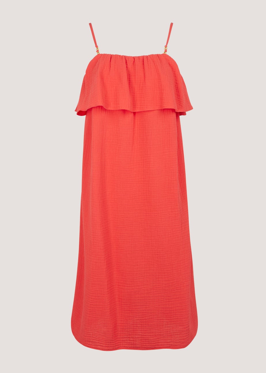 Coral Double Cloth Bead Knee Length Dress