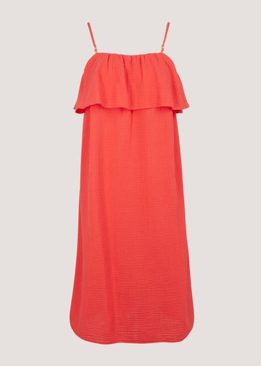 Coral Double Cloth Bead Knee Length Dress