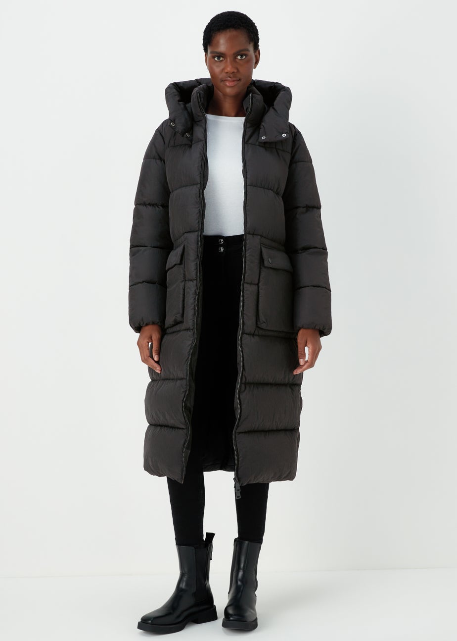 Black Long Padded Shower Resistant Coat