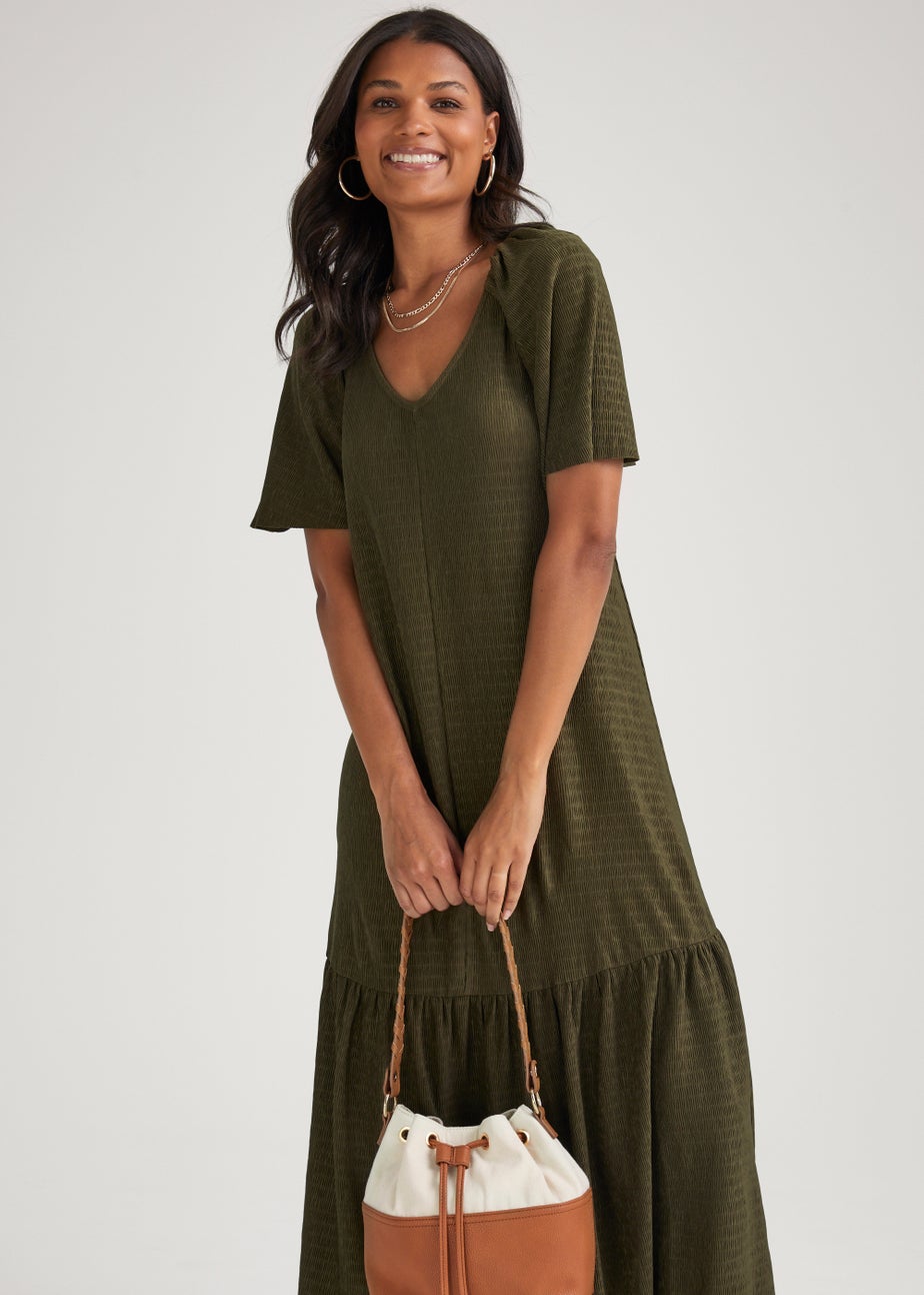 Khaki Crinkle Angel Sleeve Midi Dress