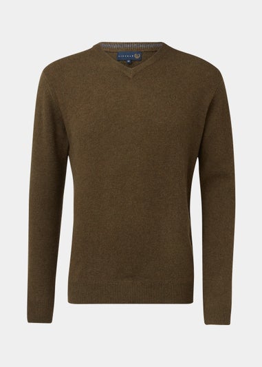 Lincoln Khaki 100% Lambswool V Neck Jumper