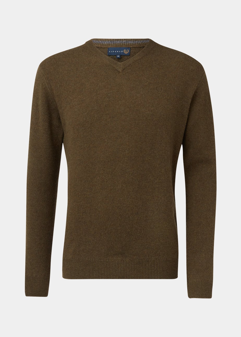 Lincoln Khaki 100% Lambswool V Neck Jumper