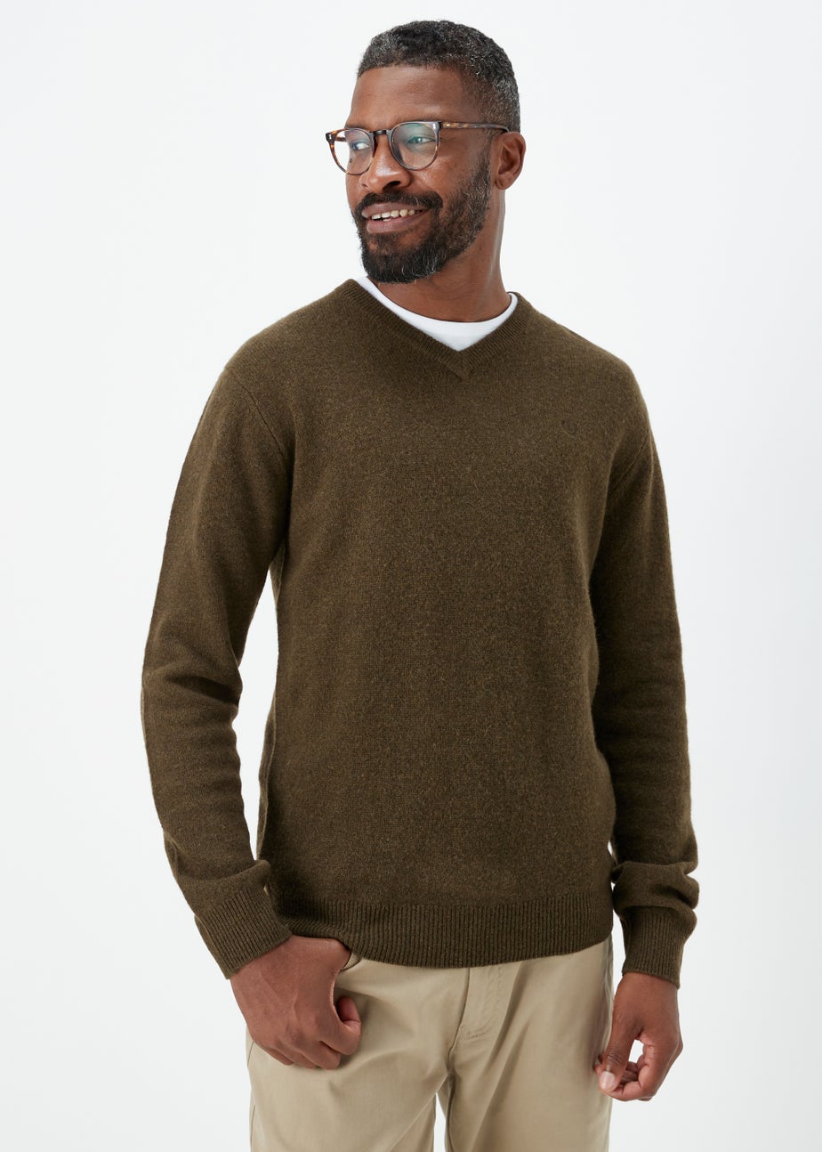 Lincoln Khaki 100% Lambswool V Neck Jumper