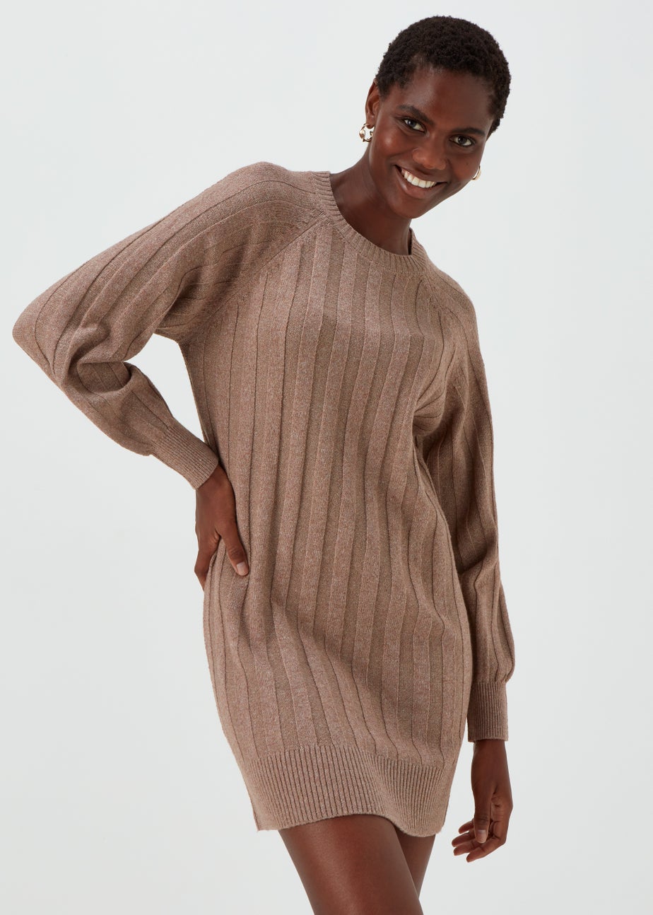 Light Brown Ribbed Jumper Dress