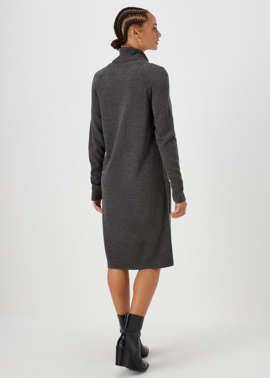 Charcoal Super Soft Roll Neck Knitted Tunic Dress