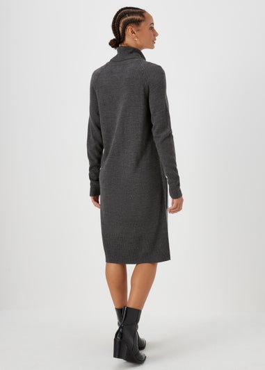 Charcoal Super Soft Roll Neck Knitted Tunic Dress