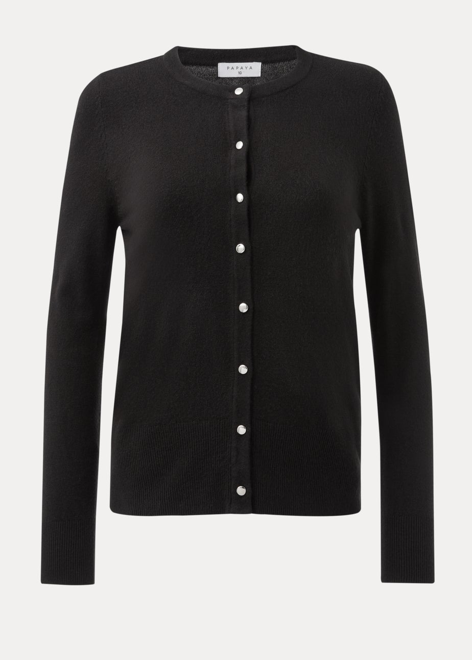 Black Soft Button Crewneck Cardigan