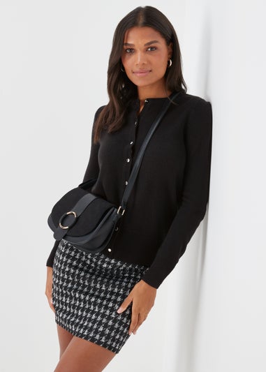 Black Soft Button Crewneck Cardigan