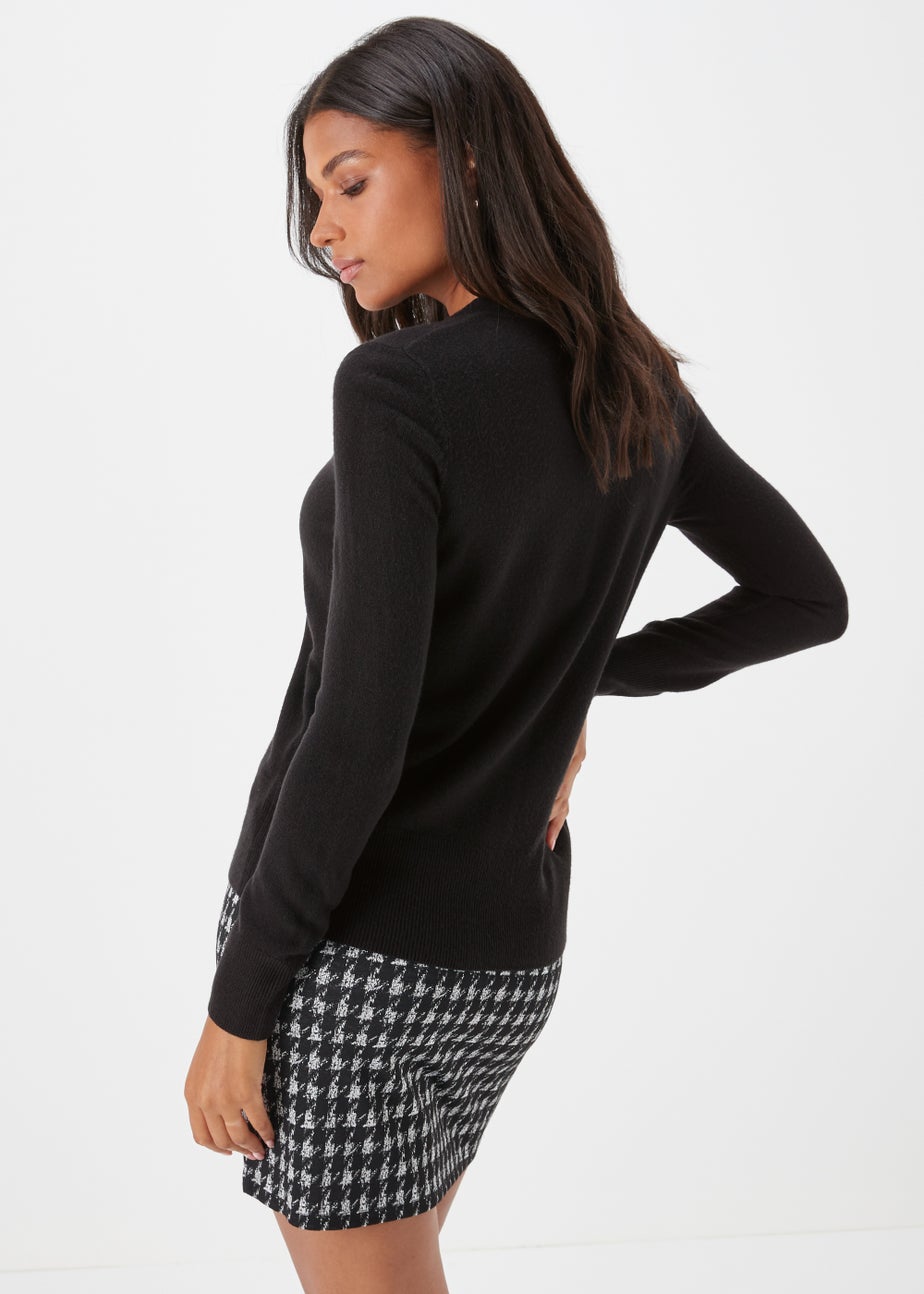 Black Soft Button Crewneck Cardigan