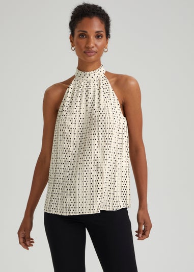 Et Vous Ivory Spot Plisse High Neck Top