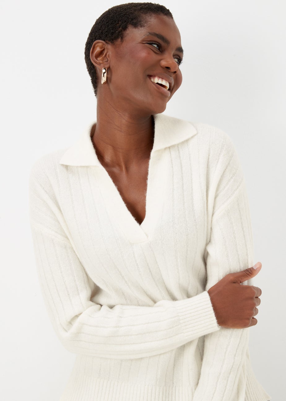 Cream Collar Ribbed Jumper