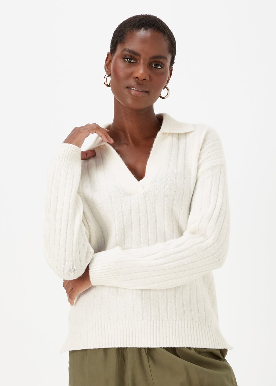 Cream Collar Ribbed Jumper
