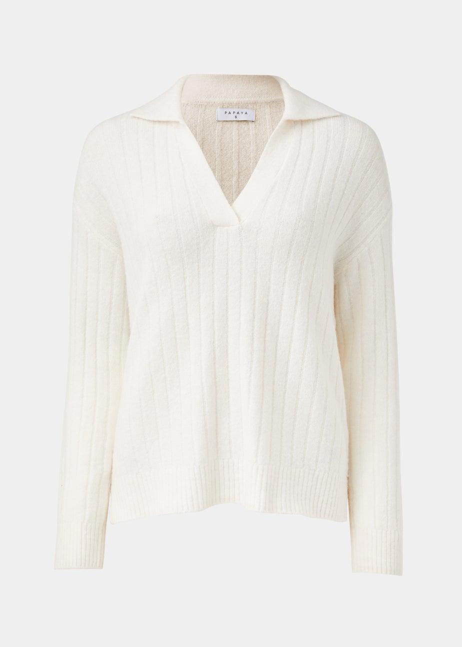 Cream Collar Ribbed Jumper