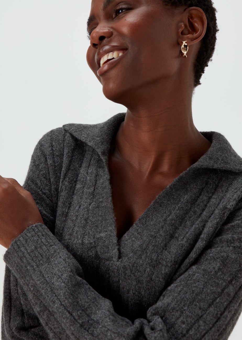 Charcoal Collar Ribbed Jumper