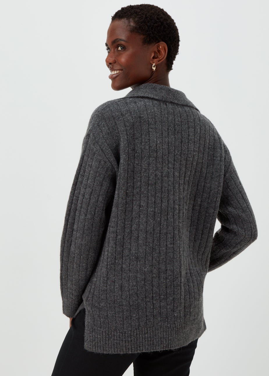 Charcoal Collar Ribbed Jumper