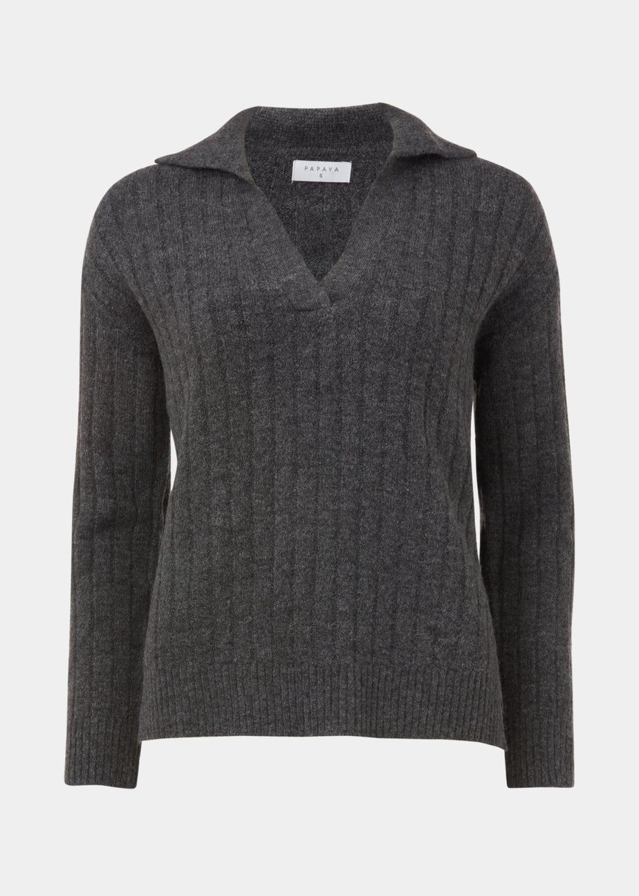 Charcoal Collar Ribbed Jumper