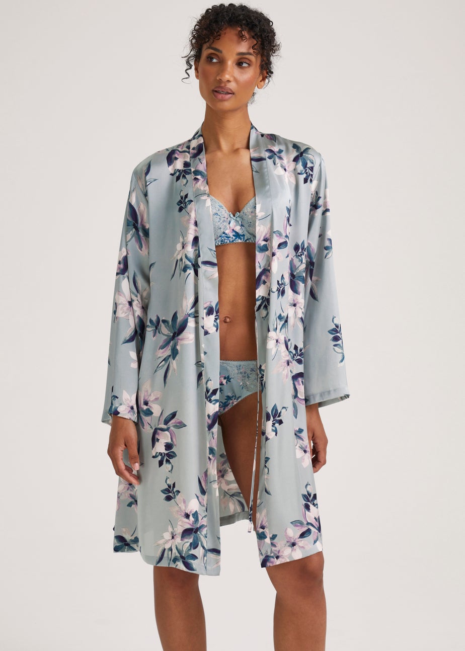 Green Floral Print Satin Dressing Gown Matalan