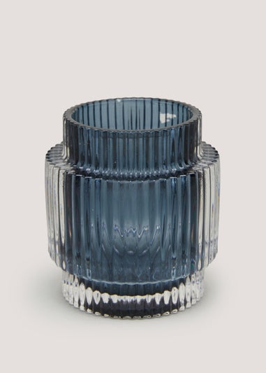 Blue Ribbed Glass Tealight Holder