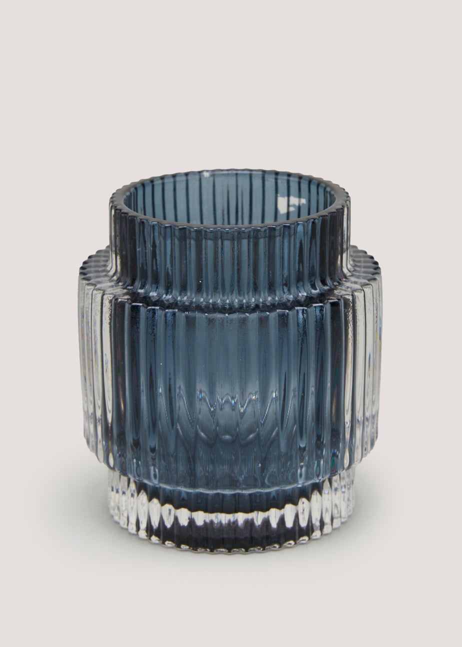 Blue Ribbed Glass Tealight Holder