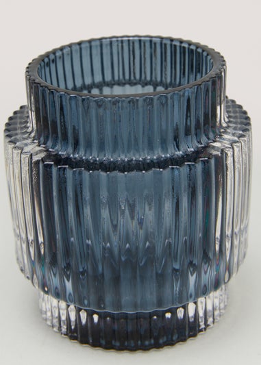 Blue Ribbed Glass Tealight Holder