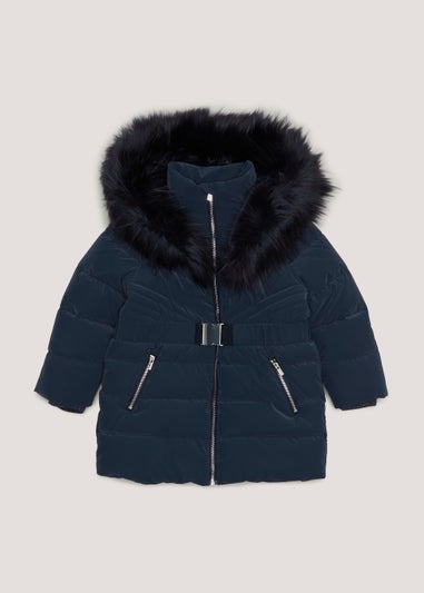 Girls Navy Faux Fur Coat (4-13yrs)