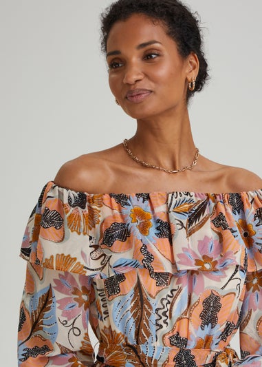 Et Vous Ivory Floral Print Chiffon Bardot Maxi Dress