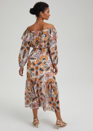 Et Vous Ivory Floral Print Chiffon Bardot Maxi Dress