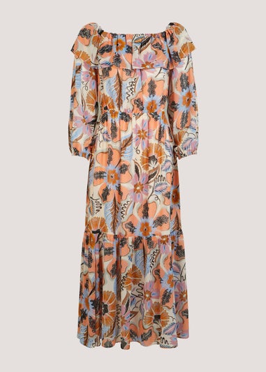 Et Vous Ivory Floral Print Chiffon Bardot Maxi Dress