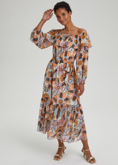 Et Vous Ivory Floral Print Chiffon Bardot Maxi Dress