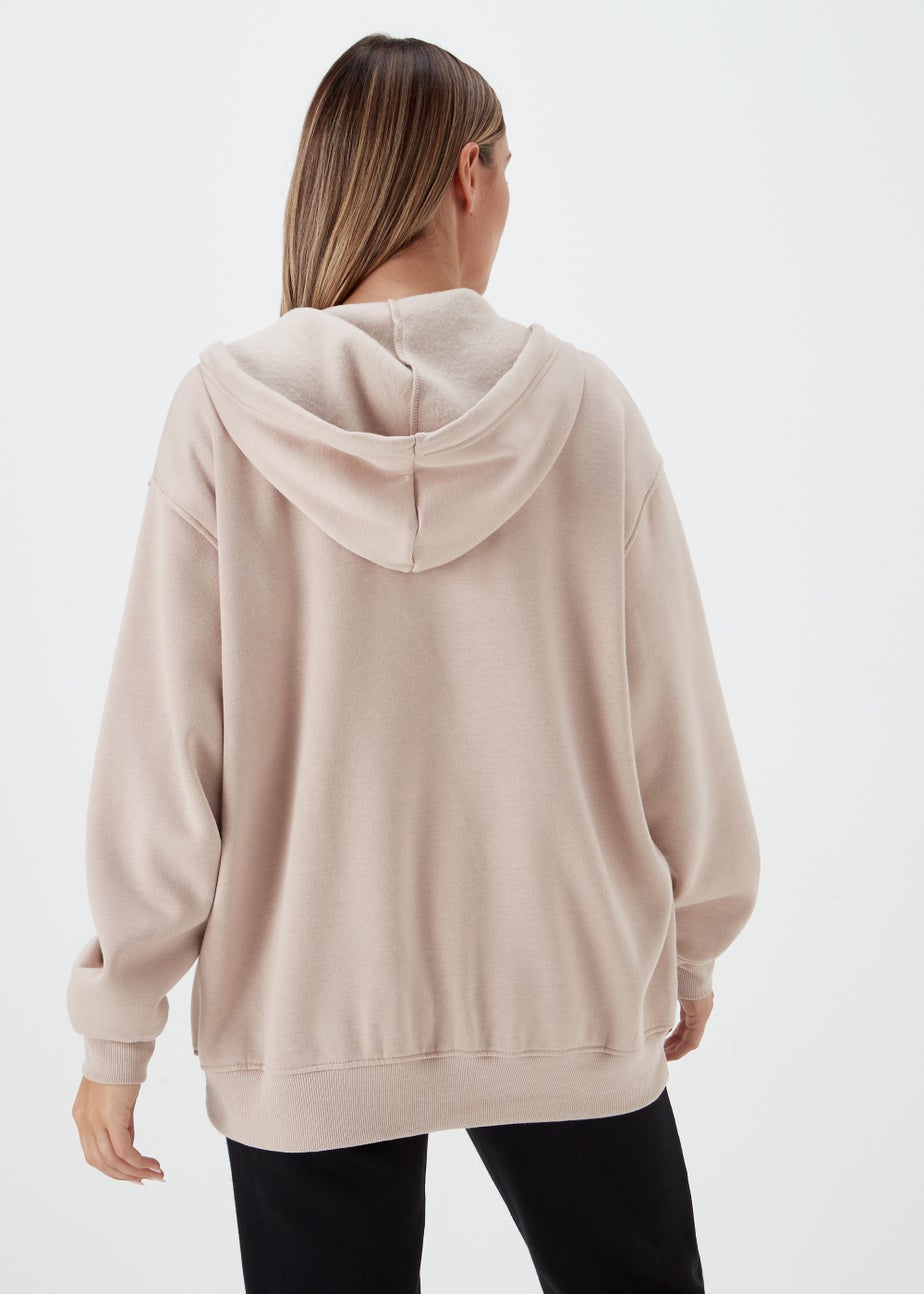 Beige Longline Zip Up Hoodie