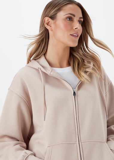 Beige Longline Zip Up Hoodie