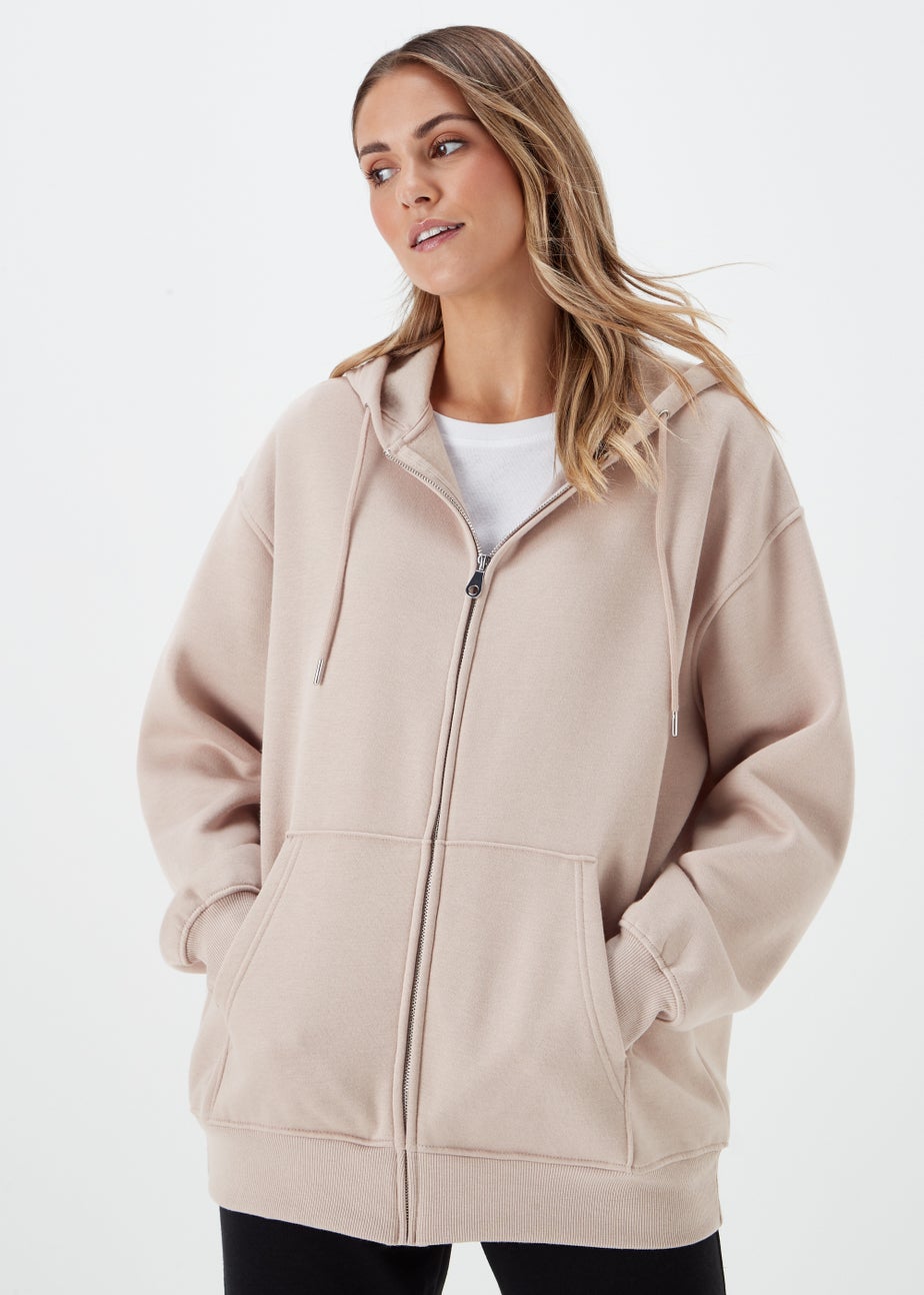 Beige Longline Zip Up Hoodie