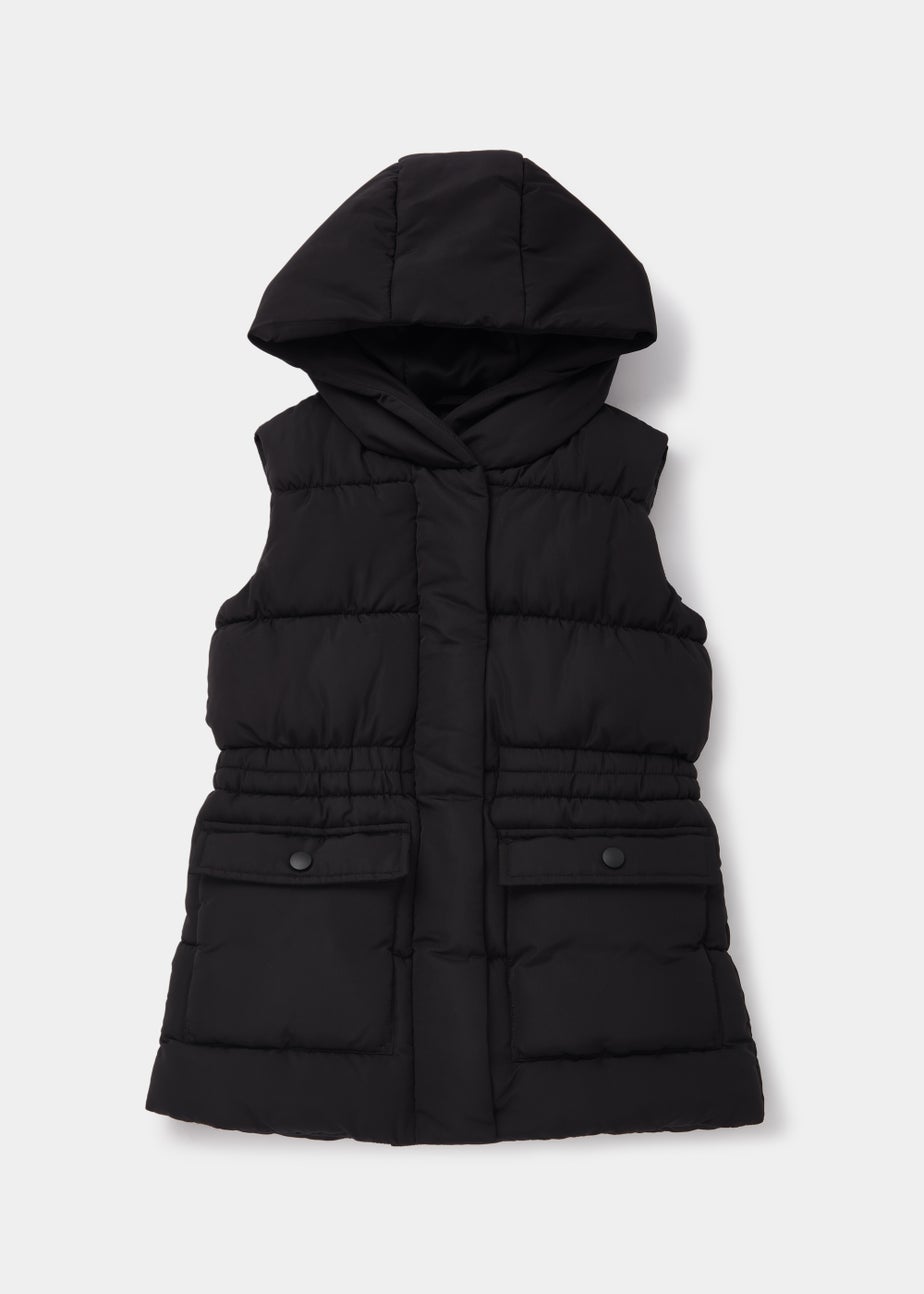 Girls Black Longline Hooded Gilet (4-13yrs)